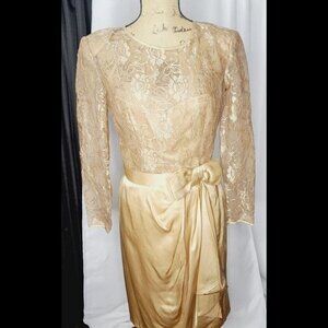Vintage 90s Oscar de la Renta Champagne Gold Sheer Lace Formal Dress